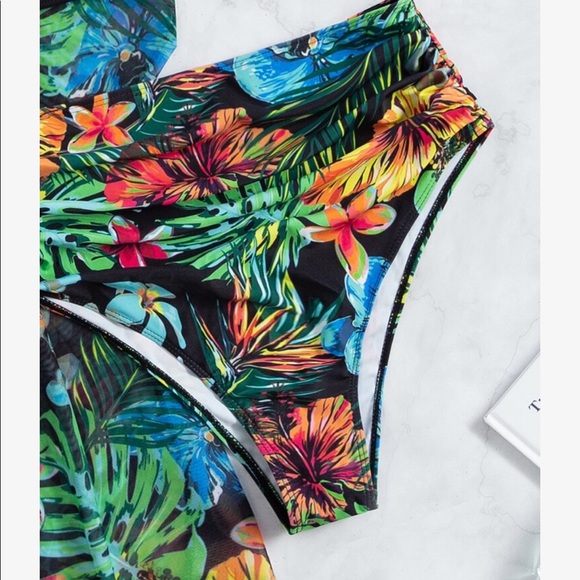 3 Piece Tropical Floral Print Push Up High Waisted Bikini Swimsuit Kimono GREEN - Picture 6 of 13